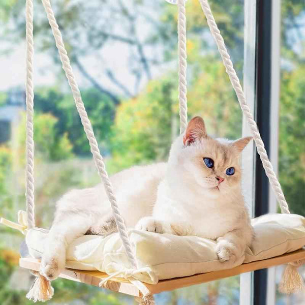 Wooden Window Pet Hammock with Strong Suction Cups for Cats