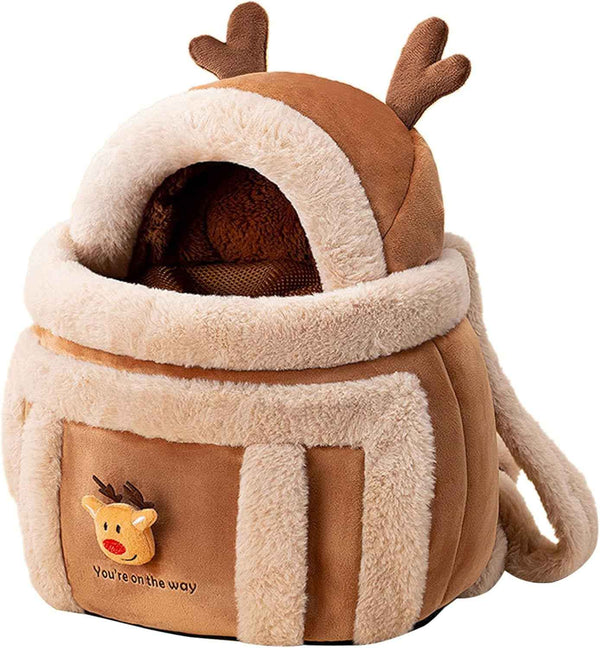 Plush Reindeer Pet Carrier Backpack with Hand Warmers for Travel