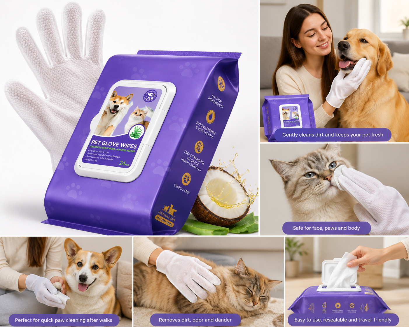 Pet No-Wash Gloves Deodorizing Disposable Pet Wipes