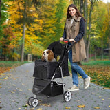 Pet Stroller 4 Wheel Foldable Dog Cat Carrier w/ Storage Basket & Cup Holder