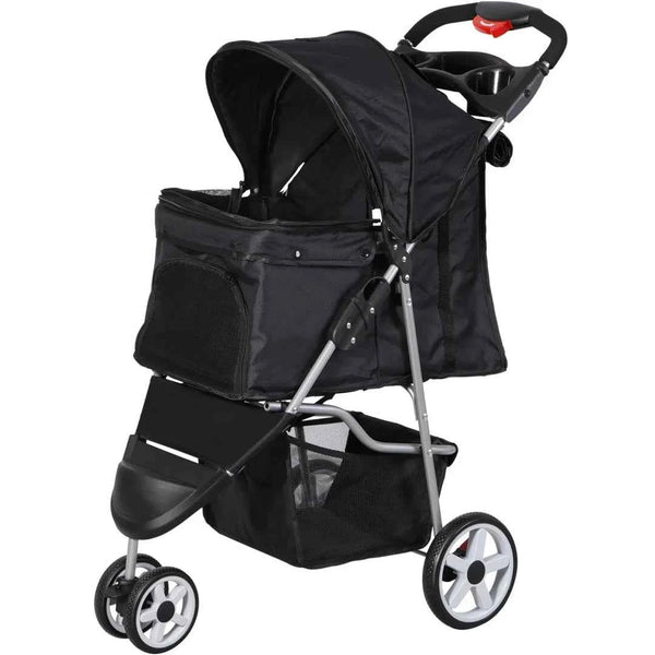 Pet Stroller 4 Wheel Foldable Dog Cat Carrier w/ Storage Basket & Cup Holder