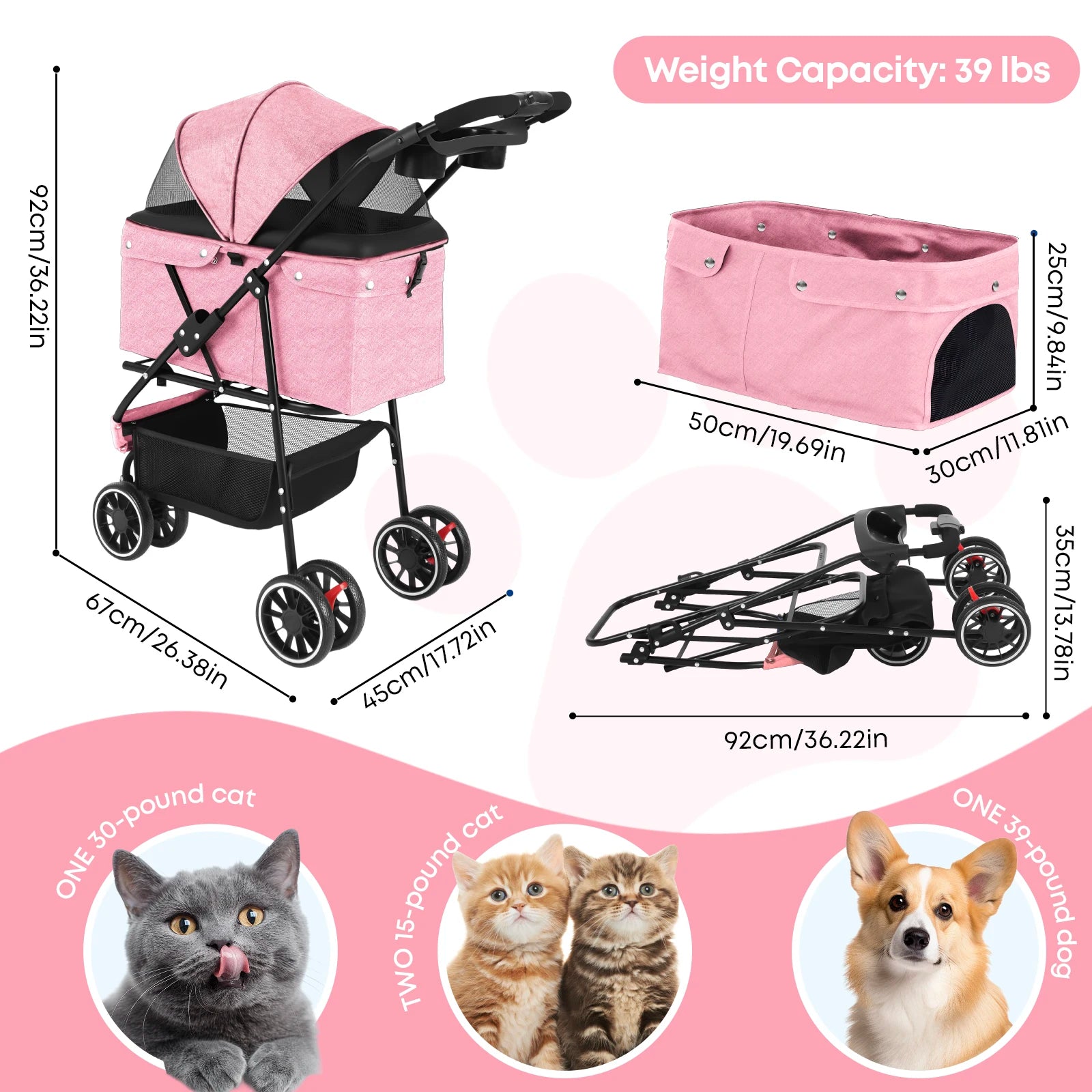 Pet Foldable Stroller For Small Puppy Dogs & Cats