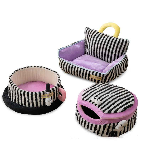 Striped Three-Piece Cat Kennel Set for Cozy Rest and Play